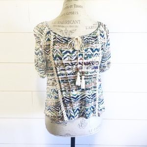 NWOT “Day Off” geometric print tassel top